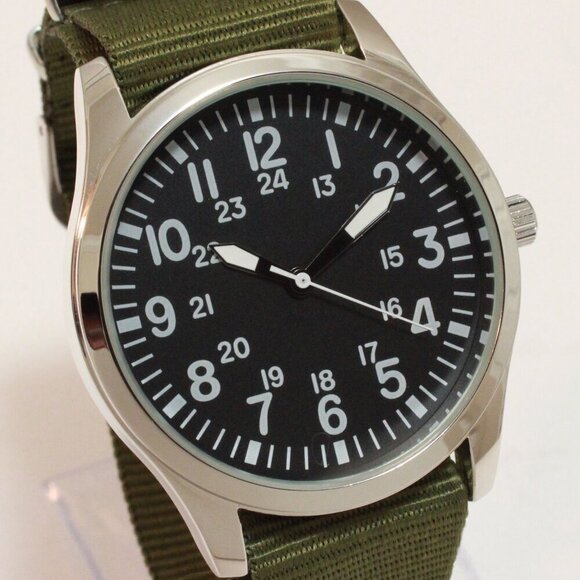 Men's Quartz Field Watch Silver Tone Case Green Military Strap 42mm - Picture 8 of 11